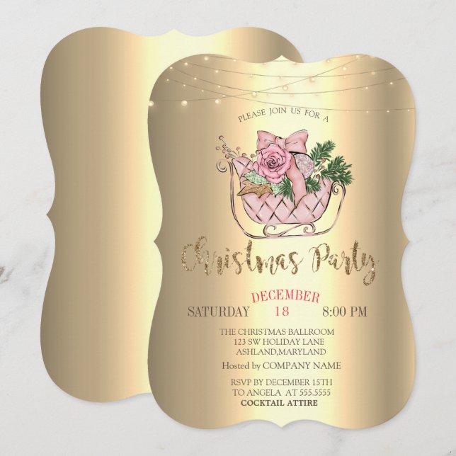 Invitation Traîneau rose chic,Guirlandes lumineuses dorées (Devant / Derrière)