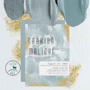 Invitation Traits de peinture abstraits bleu poussiéreux or