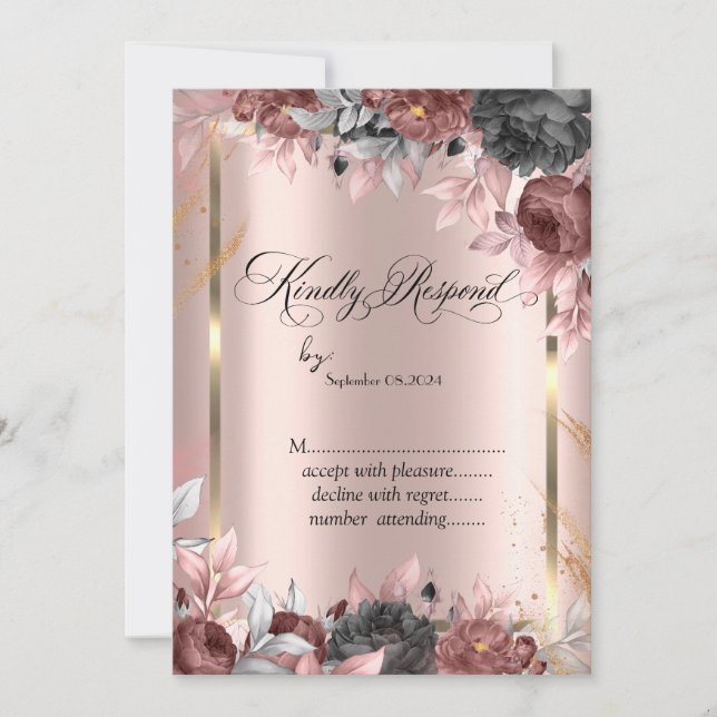 Invitation Trame or, Rose or Chic Flowers RSVP (Devant)