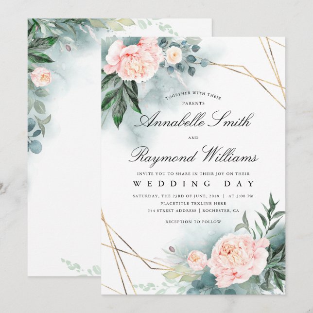 Invitation Trame or rose pâle | Mariage Peony (Devant / Derrière)