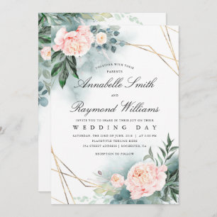 Invitation Trame or rose pâle Mariage Peony