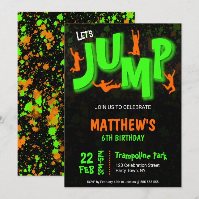 Invitation Trampoline Fête d'anniversaire Peinture Orange Ver (Devant / Derrière)