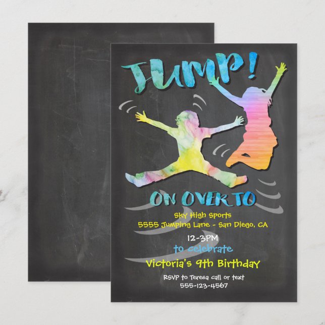 Invitation Trampoline fête d'anniversaire pour garçon ou fill (Devant / Derrière)