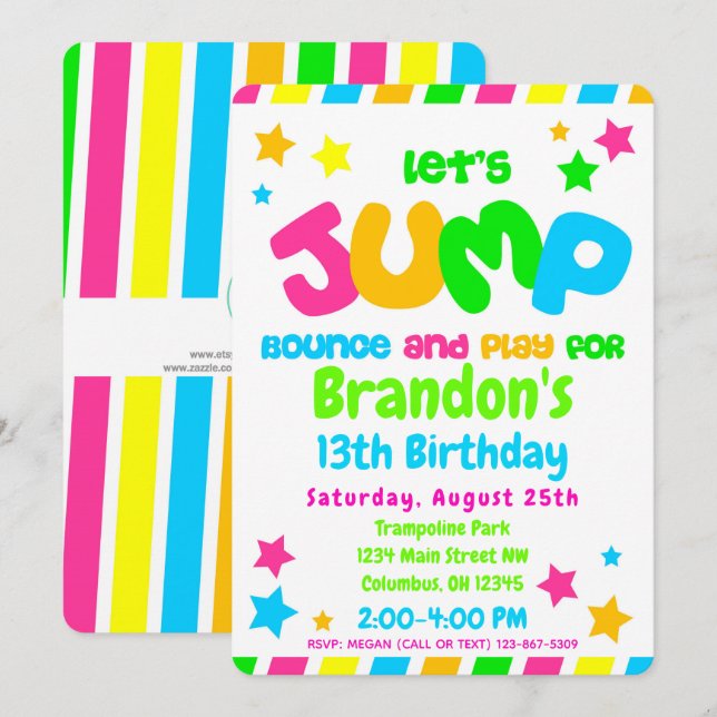 Invitation Trampoline Jump Park Party en néon couleurs (Devant / Derrière)