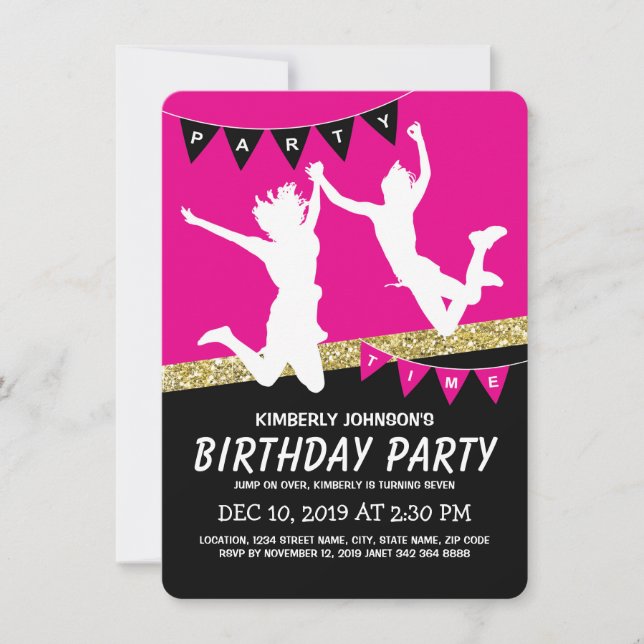 Invitation Trampoline Park Fille Anniversaire de enfant rose (Devant)