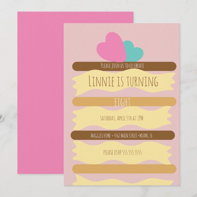Invitation Tranche de gâteau étagé pour fête d'anniversaire (Devant / Derrière)
