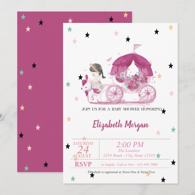 Invitation Transport, Étoiles, Baby shower Princesse (Devant / Derrière)