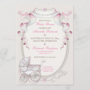 Invitation Transport vintage Oiseaux roses En vichy ivoire