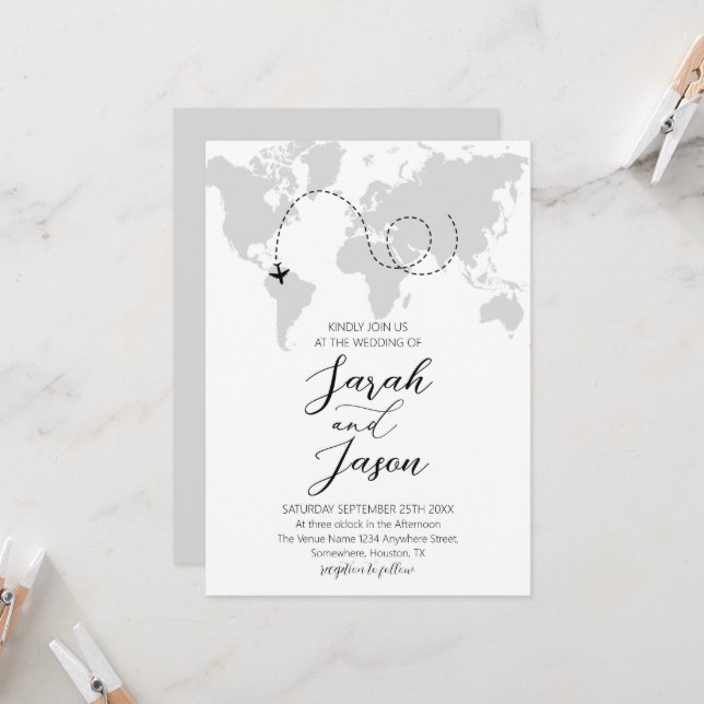 Invitation Travel Adventure World Map Destination Wedding (Devant/Arrière en situation)
