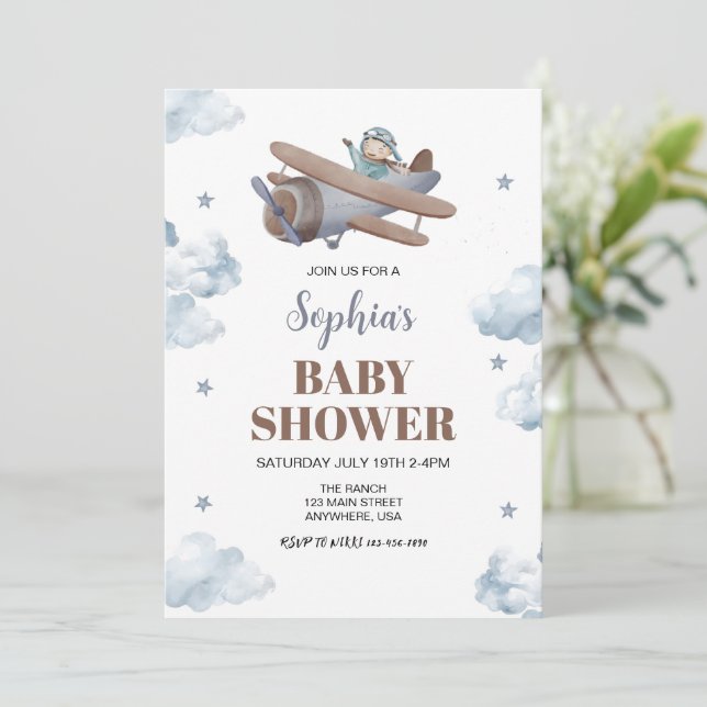 Invitation Travel Cloud Star Sky Boy Blue Airplan Baby shower (Debout devant)