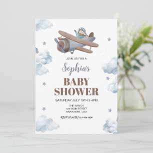 Invitation Travel Cloud Star Sky Boy Blue Airplan Baby shower