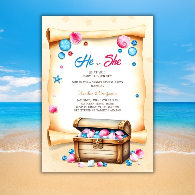 Invitation Treasure Chest Beach Theme Genre Revela Party (Treasure Chest Beach Themed Gender Reveal Party Invitation)