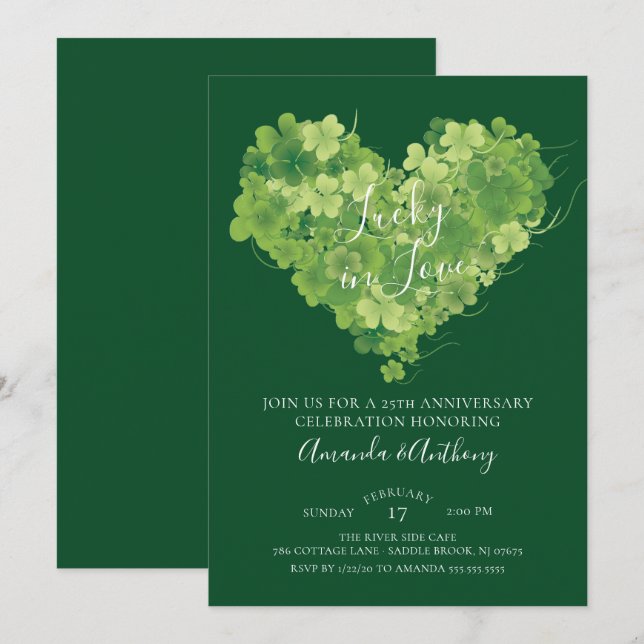 Invitation Trèfle de cœur d'anniversaire chanceux en amour (Devant / Derrière)