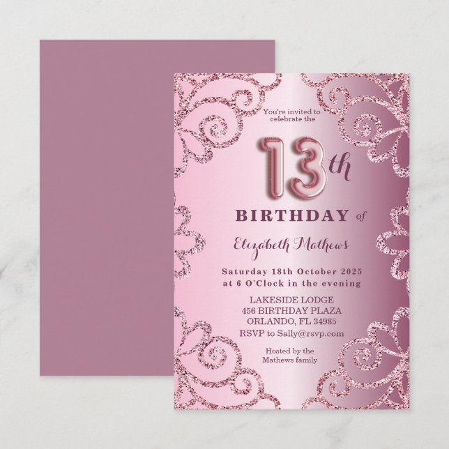 Invitation Treizième anniversaire Parties scintillant rose Sc (Devant / Derrière)