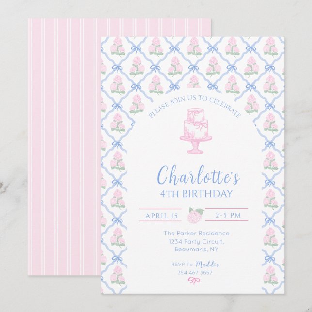 Invitation Trellis à Ruban Bleu Hydrangea Vert Rose (Devant / Derrière)