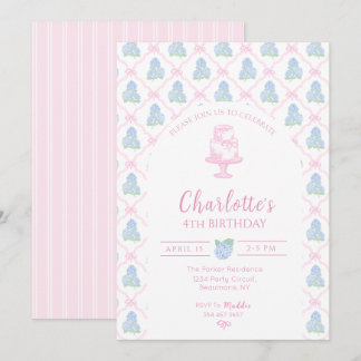 Invitation Trellis de Hortensia Verte Bleue avec Ruban Rose
