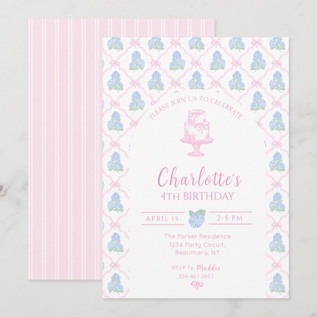 Invitation Trelllis de fleurs d'hydrangea bleu vert avec ruba (Devant / Derrière)