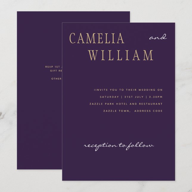 Invitation Trending Moderne Mariage Purple Plum Berry Or (Devant / Derrière)