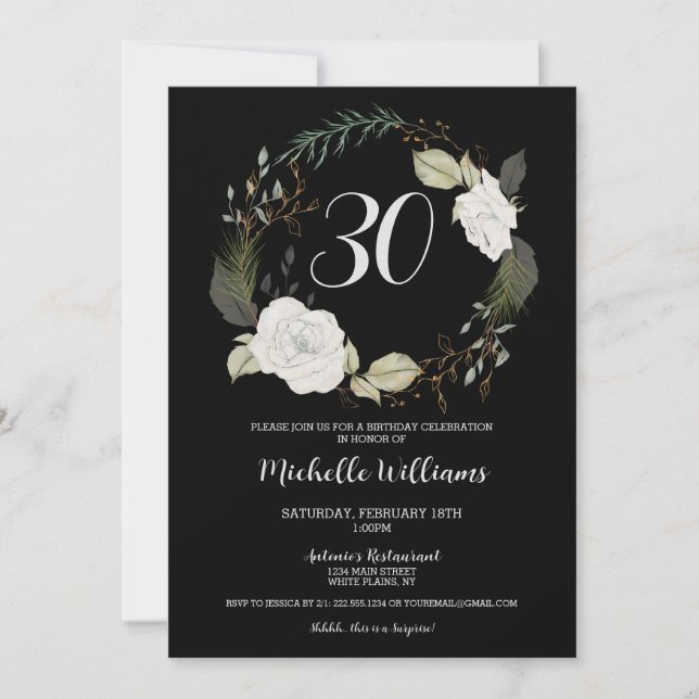 Invitation Trendy 30th Birthday Party Floral Wreath Gold (Devant)