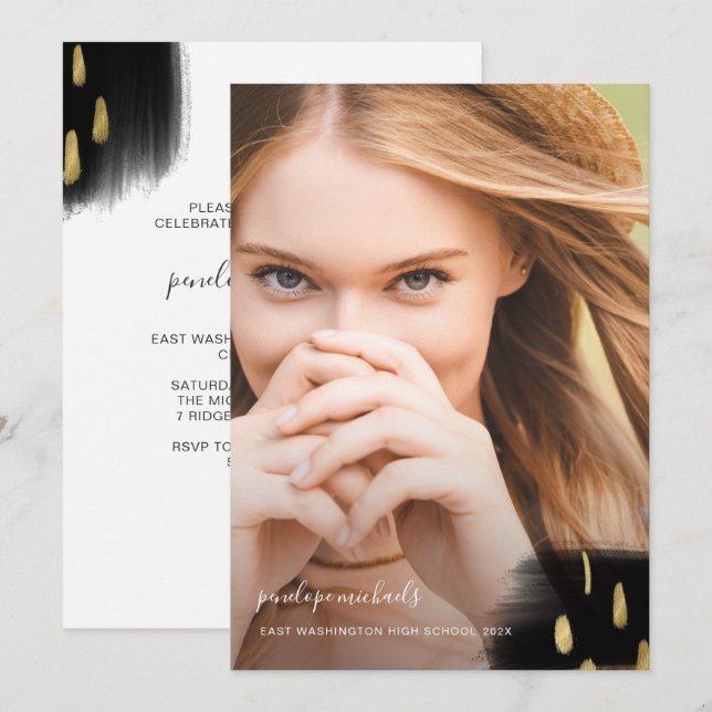 Invitation Trendy Black and Gold Splashes Graduation Party (Devant / Derrière)