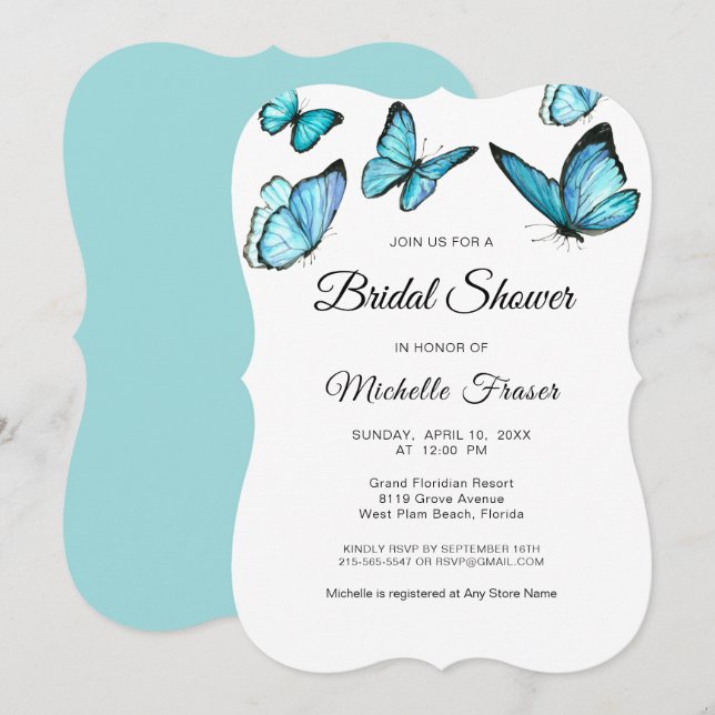 Invitation Trendy bleu aquarelle papillons nuptiale Douche (Devant / Derrière)