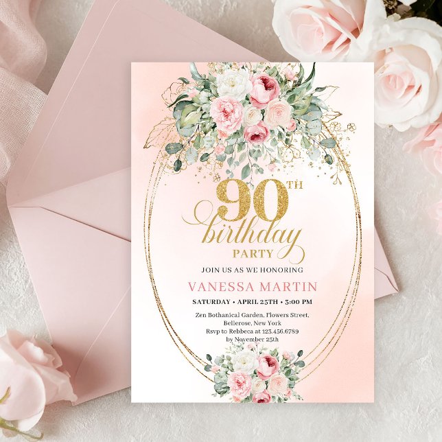 Invitation Trendy Blush Floral Gold Boho 90th Birthday Invite (Simple Blush Roses Minimal 90th Birthday Invitation)