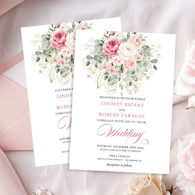 Invitation Trendy Blush Peony Botanical Gold Wedding Invite (Trendy Blush Peony Botanical Gold Wedding Invite)