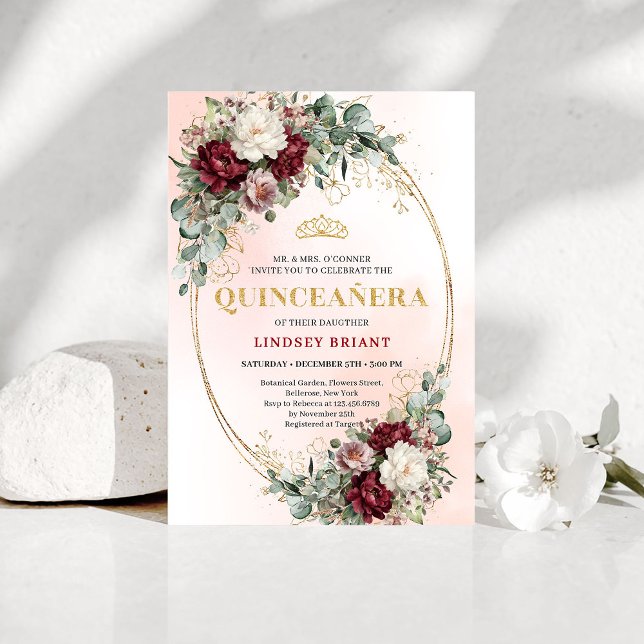 Invitation Trendy Boho Marsala Flowers Eucalyptus Quinceañera (Trendy Marsala Flowers Eucalyptus Quinceañera Invite)