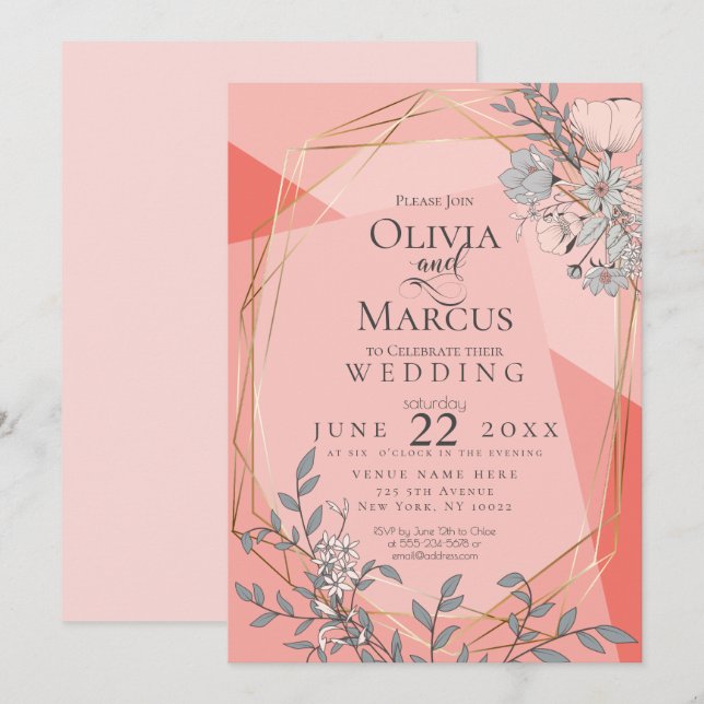 Invitation Trendy Coral Mariage Floral géométrique Gold Frame (Devant / Derrière)