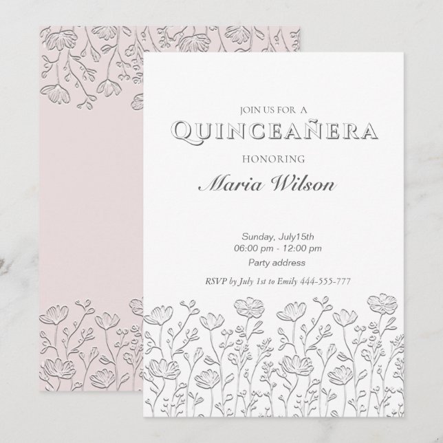 Invitation Trendy Embossé moderne florale Quinceañera (Devant / Derrière)