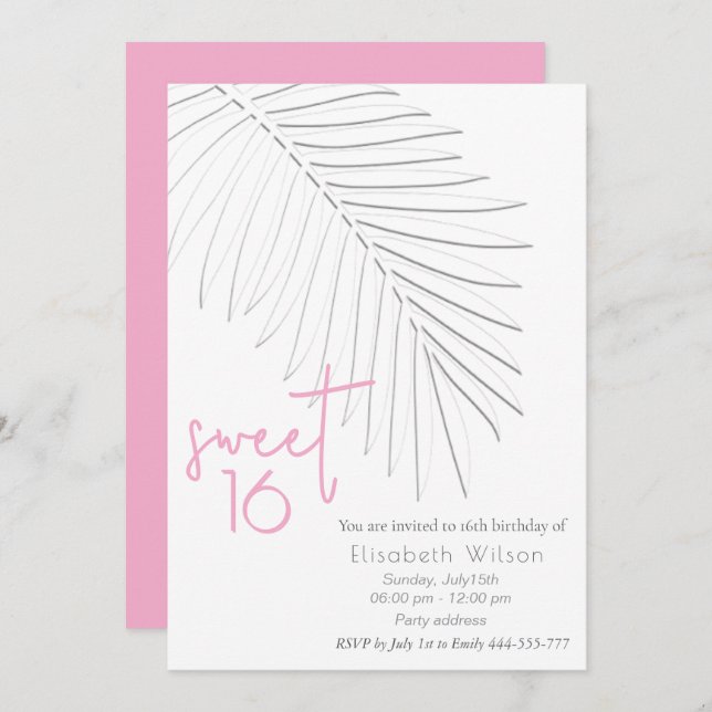 Invitation Trendy Embossed palm script minimaliste doux 16 (Devant / Derrière)