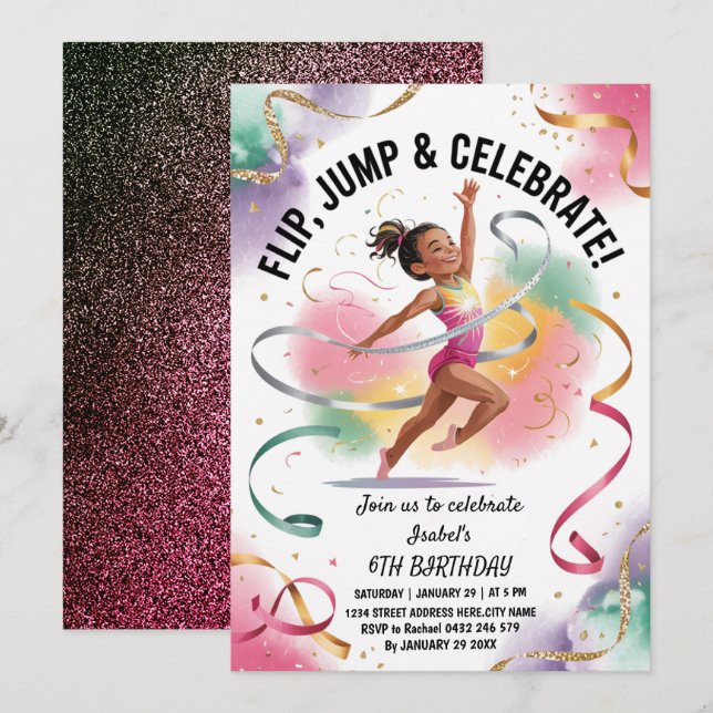 Invitation Trendy Girls Gymnast Gymnastics Birthday Party     (Devant / Derrière)