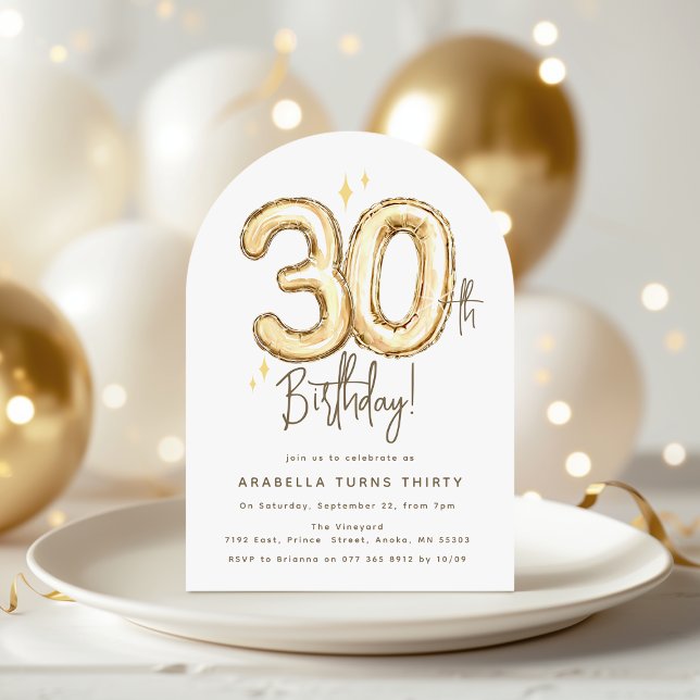 Invitation Trendy Gold Thirty Balloons 30th Birthday Party (Créateur téléchargé)