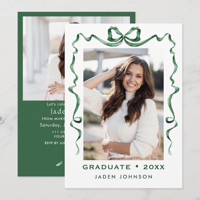 Invitation Trendy Green Bow Ribbon 2 PHOTO Graduation Party (Devant / Derrière)