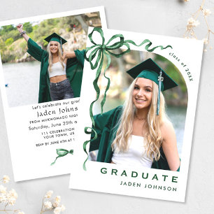 Invitation Trendy Green Bow Ribbon 2 PHOTO Graduation Party