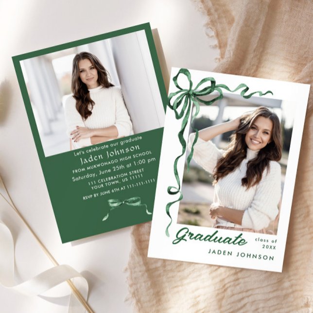 Invitation Trendy Green Bow Ribbon 2 PHOTO Graduation Party (Créateur téléchargé)