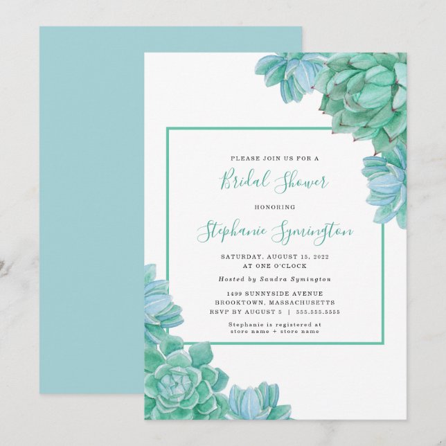 Invitation Trendy Green Succulents nuptiale douche (Devant / Derrière)