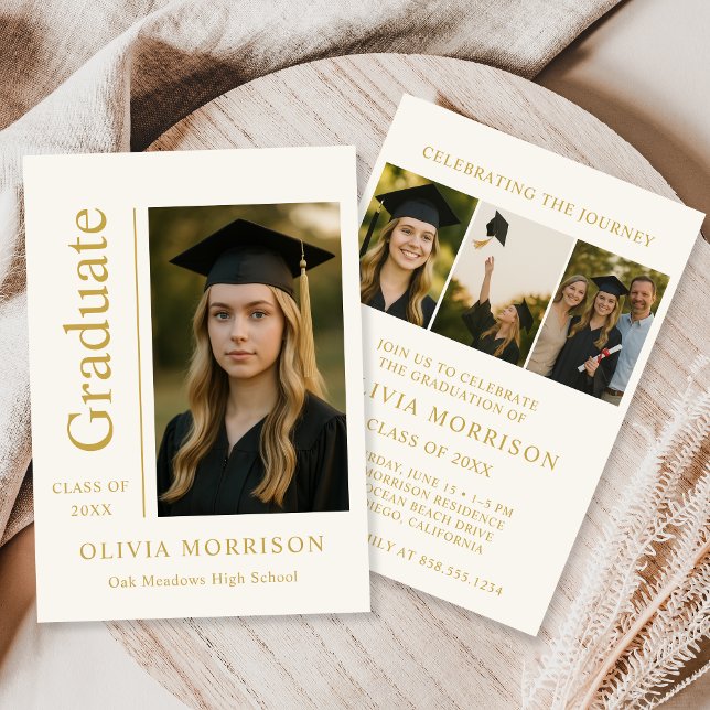 Invitation Trendy Modern Ivory Gold Photo Graduation (Créateur téléchargé)