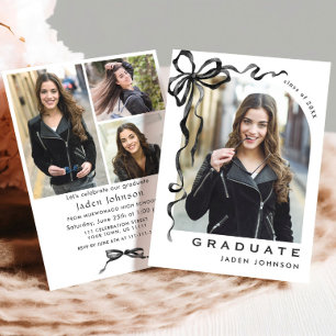 Invitation Trendy Neutral Bow Ribbon 4 PHOTO Graduation Party