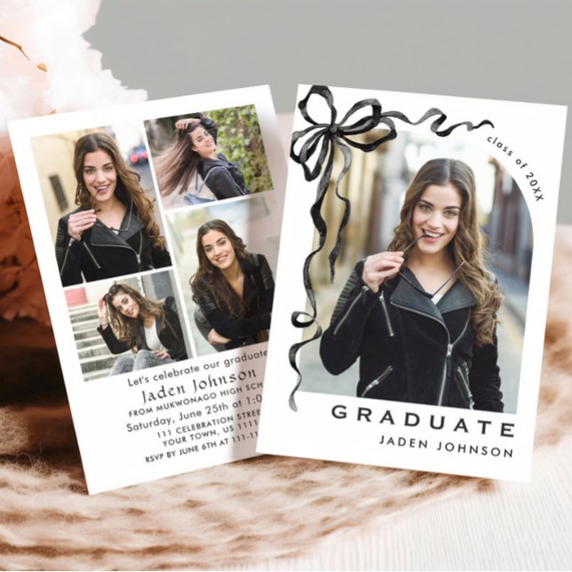 Invitation Trendy Neutral Bow Ribbon 5 PHOTO Graduation Party (Créateur téléchargé)