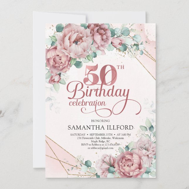 Invitation Trendy printemps blush rose eucalyptus faux or (Devant)