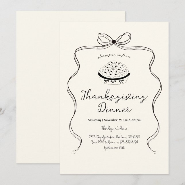 Invitation Trendy Quirky Hand Drake Wavy Pie Thanksgiving (Devant / Derrière)