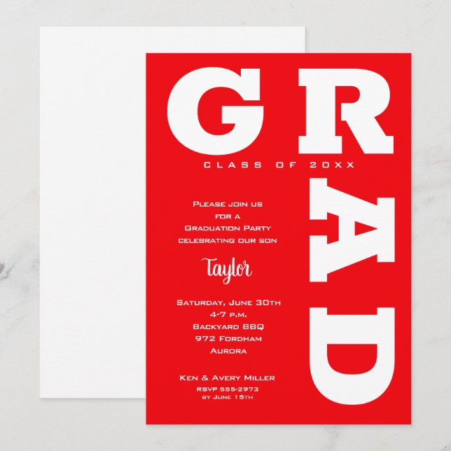 Invitation Trendy Red and White Graduation (Devant / Derrière)