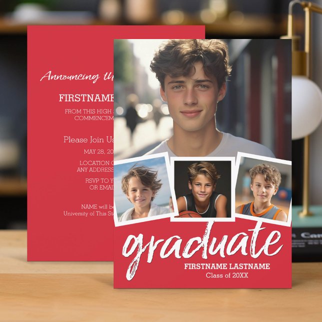 Invitation Trendy Red Graduation Party 4 Photo (Classic Graduation Announcement and Party Invitation with 4 Photos)