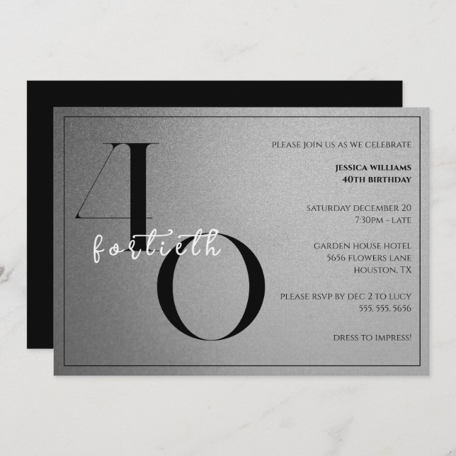 Invitation Trendy Shiny Modern Unisex 40th Birthday (Devant / Derrière)
