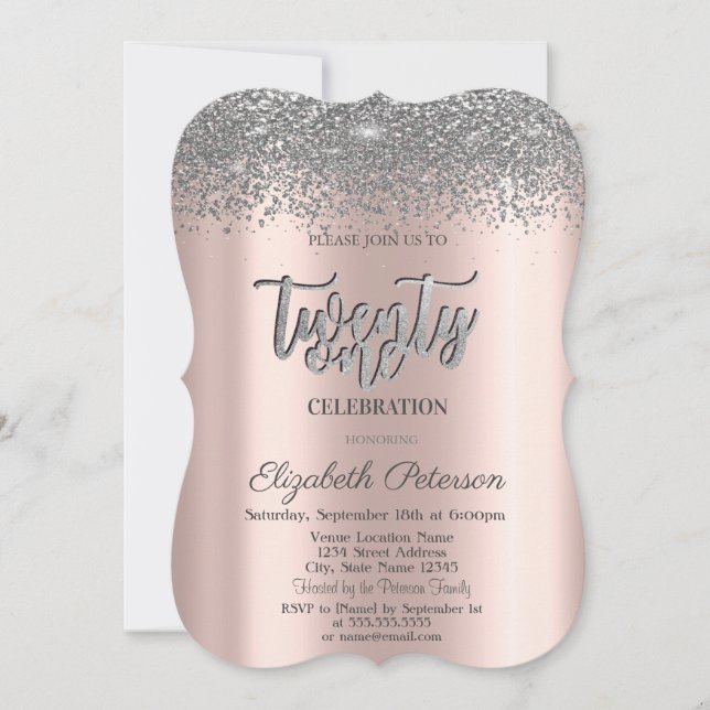 Invitation Trendy Silver Diamonds Rose Gold 21e anniversaire (Devant)