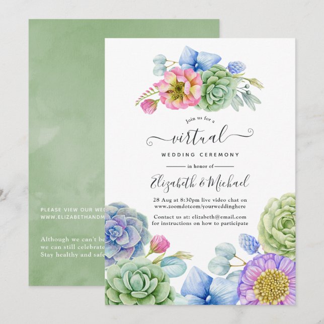 Invitation Trendy Succulent Floral Online Mariage virtuel (Devant / Derrière)