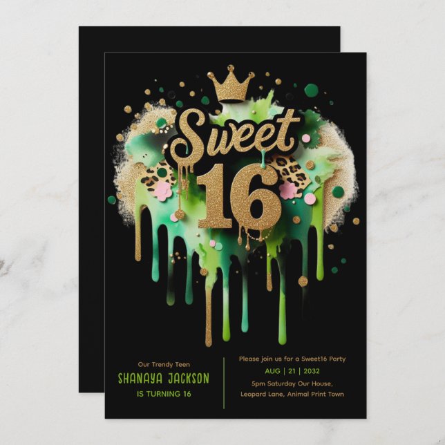 Invitation Trendy Sweet 16 Empreinte de léopard Green Gold (Devant / Derrière)