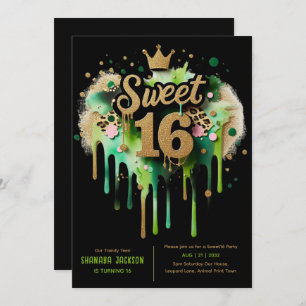 Invitation Trendy Sweet 16 Empreinte de léopard Green Gold