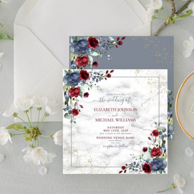 Invitation TrendyLight Dusty Blue Bourgogne Gold Floral Carré (Créateur téléchargé)